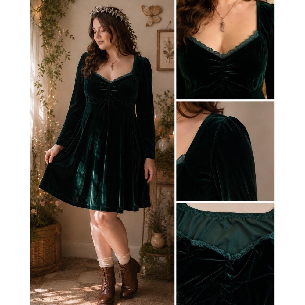 Gothic Dark Academia Velvet Dress Shein Curve 2XL Teal Green Lace Sweetheart